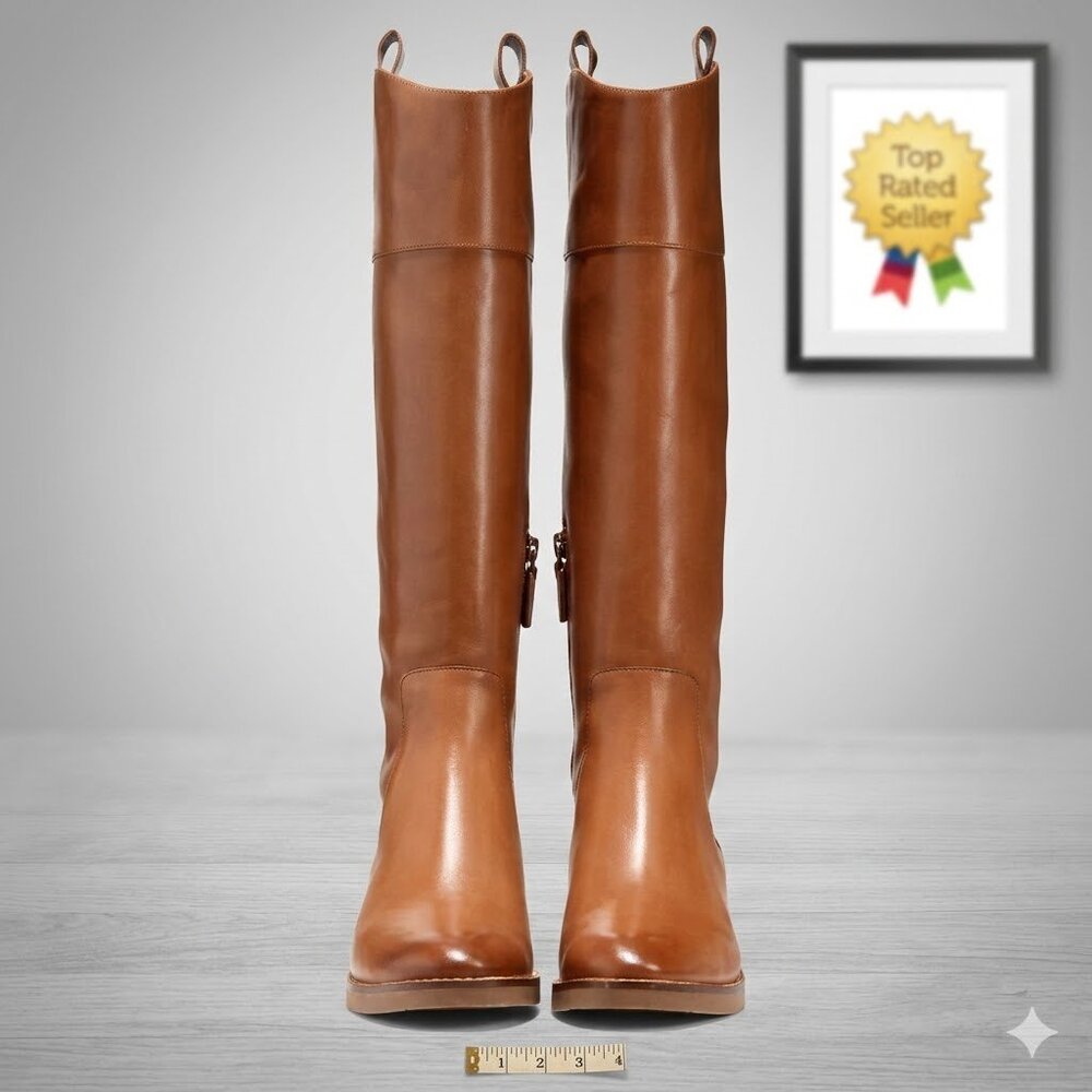 Hampshire Boot British Tan Leather Pull-On Boots Size 8 Stacked Heel Round Toe